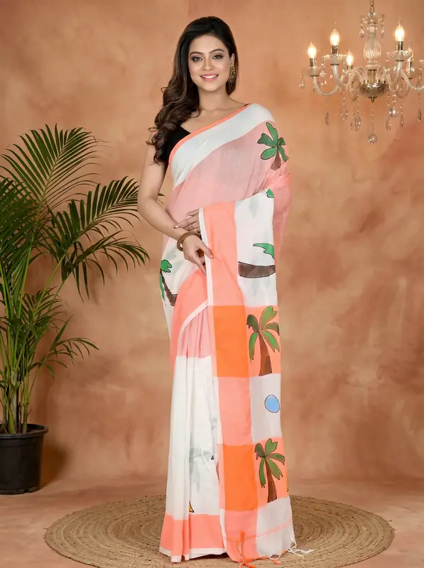 DipDiya Pure Cotton White Orange Khadaka Kousiki Heritage of Bengal Hand Painted Sarees