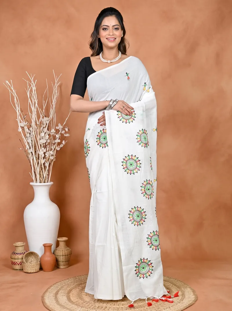 DipDiya Pure Cotton White Parama Threads of Tradition Embroidery Handloom sarees