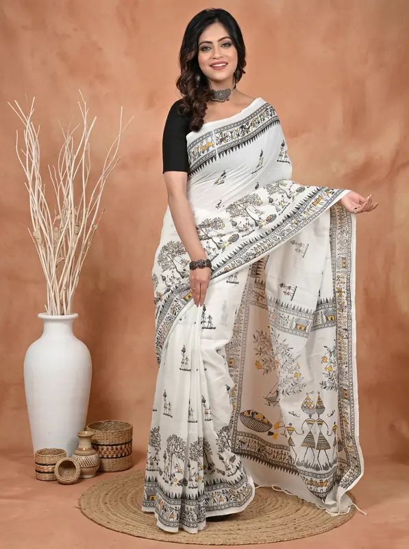 DipDiya Pure Cotton White Pinal Heritage Elegance Printed Handloom Sarees