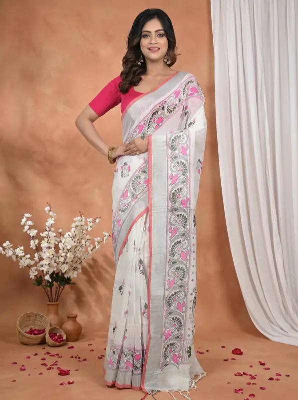 DipDiya Pure Cotton White Pink Hiral Artisan Crafted Printed Handloom Sarees