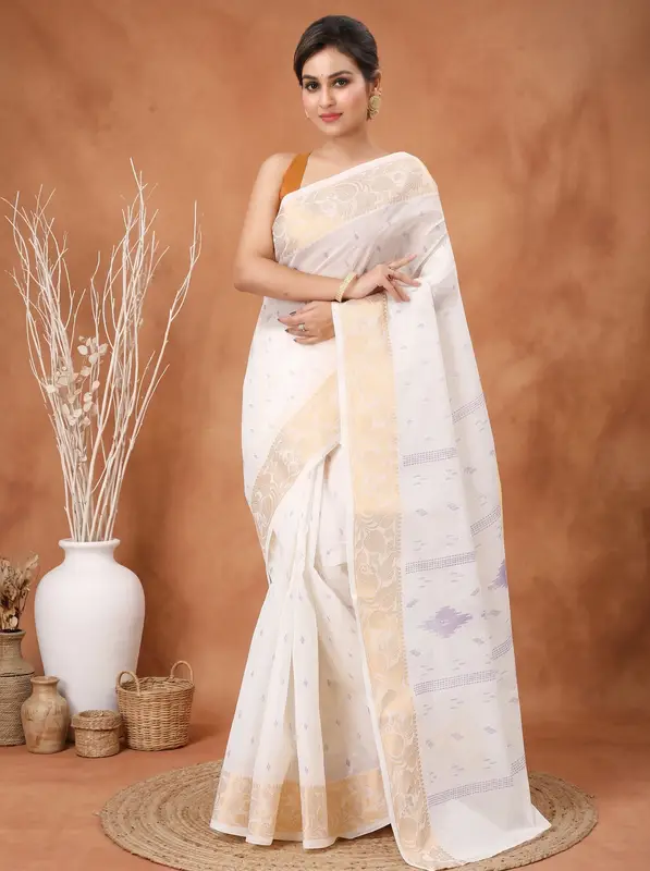 DipDiya Pure Cotton White Purpel Levi Classic Bengali Printed Tant Sarees