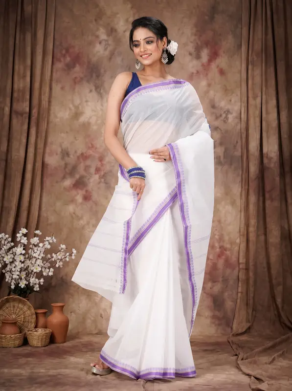 DipDiya Pure Cotton White Purple Subra Timeless Elegance Tant Sarees
