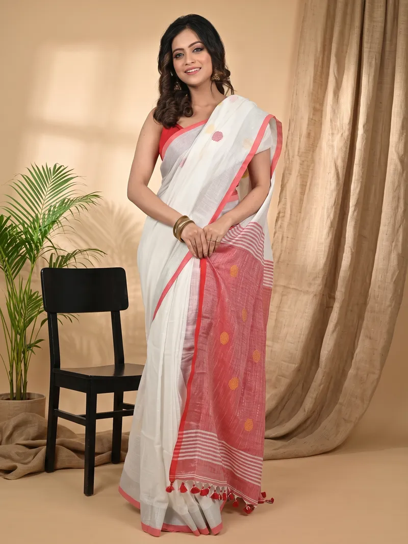 DipDiya Pure Cotton White Red Achkol Woven with Tradition Handloom Sarees