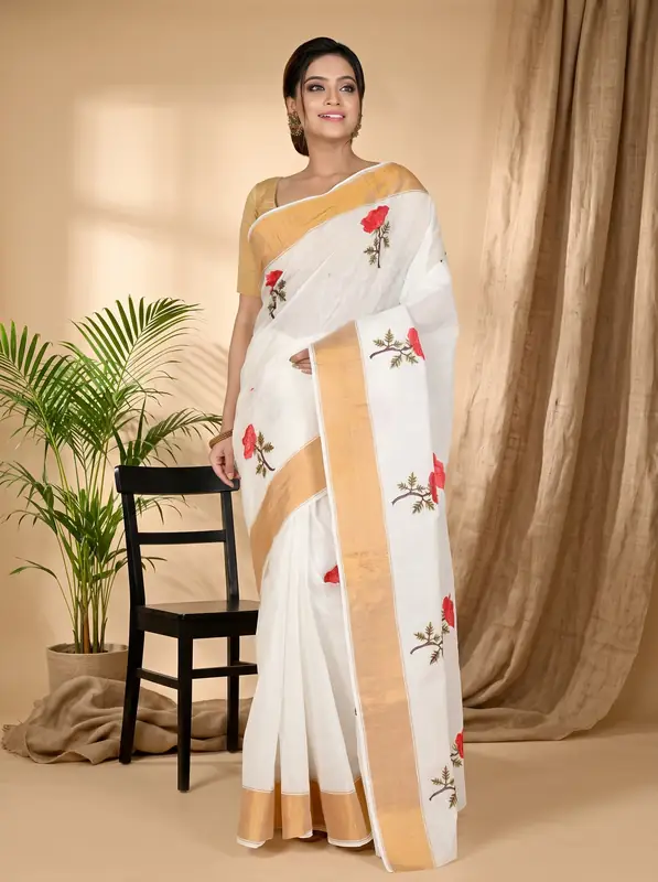 DipDiya Pure Cotton White Red Askiti Classic Bengali Embroidery Tant Sarees
