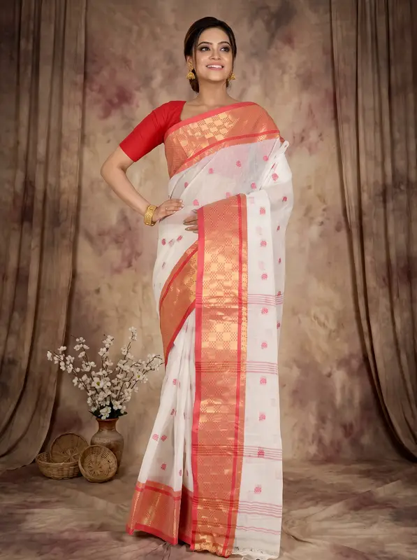 DipDiya Pure Cotton White Red Atula Handcrafted Elegance Tant Sarees