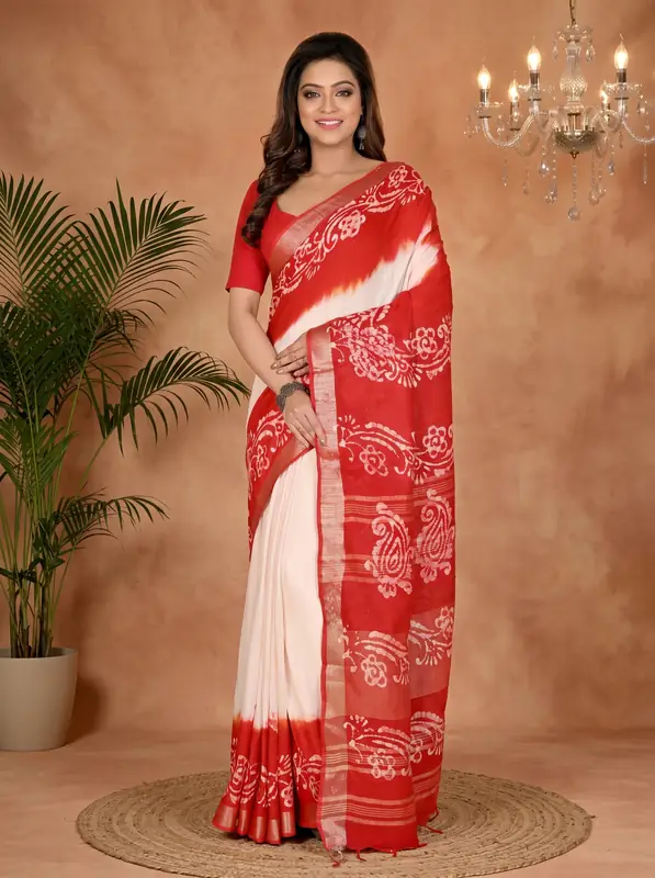 DipDiya Pure Cotton White Red Batika Classic Grace Batik Print Sarees