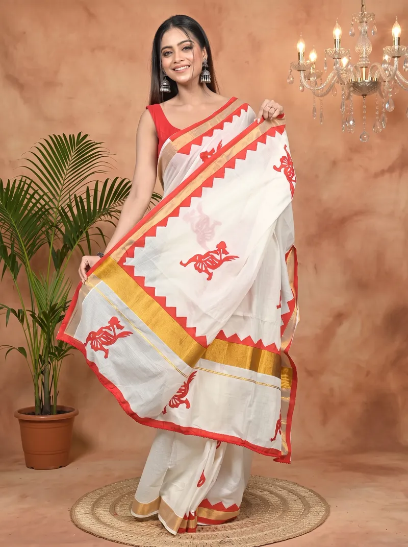 DipDiya Pure Cotton White Red Borma Crafted in Bengal Handloom Sarees