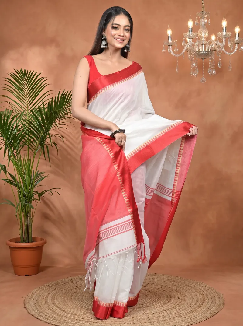 DipDiya Pure Cotton White Red Borma Crafted with Soul Handloom Sarees
