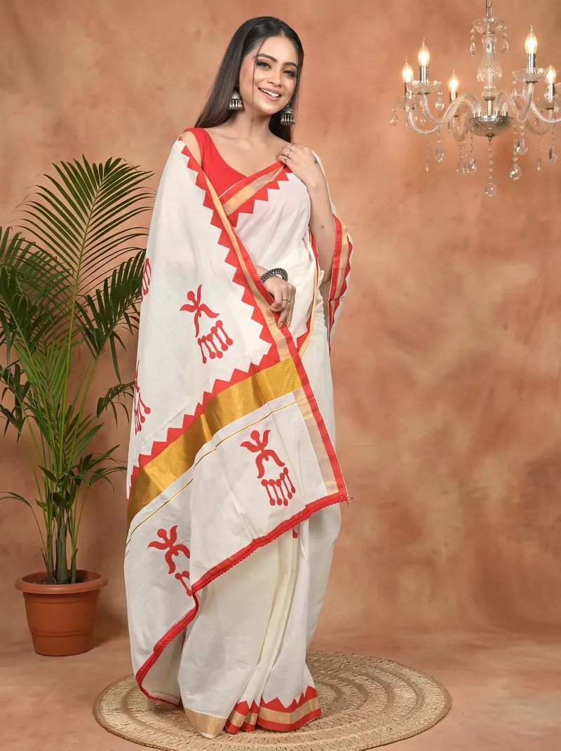 DipDiya Pure Cotton White Red Borma Effortless Tradition Handloom Sarees