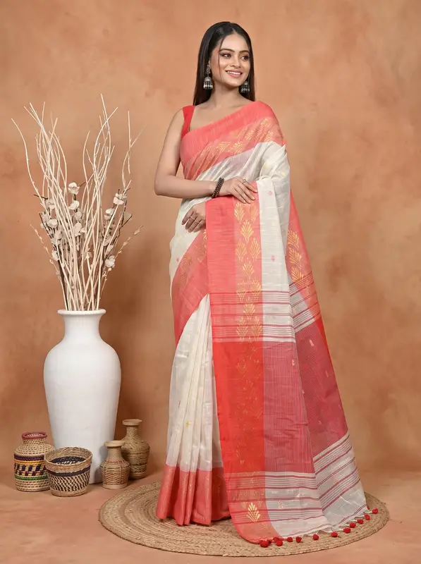 DipDiya Pure Cotton White Red Borma Heritage of Bengali Handloom Sarees
