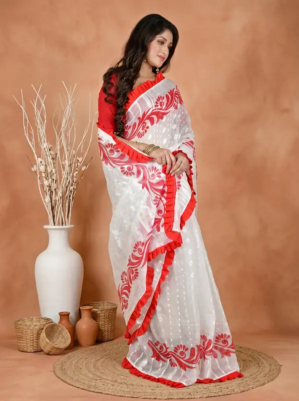 DipDiya Pure Cotton White Red Borma Wrapped in Heritage Handloom Sarees