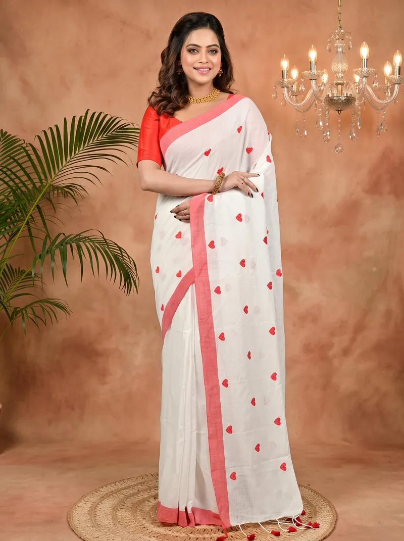 DipDiya Pure Cotton White Red Dhrli Artisan Crafted Embroidery Handloom sarees