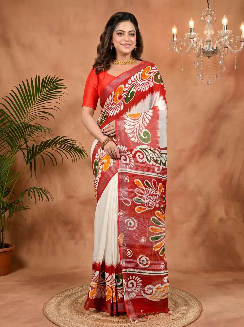 DipDiya Pure Cotton White Red Dinesi Handcrafted Elegance Batik Print Sarees