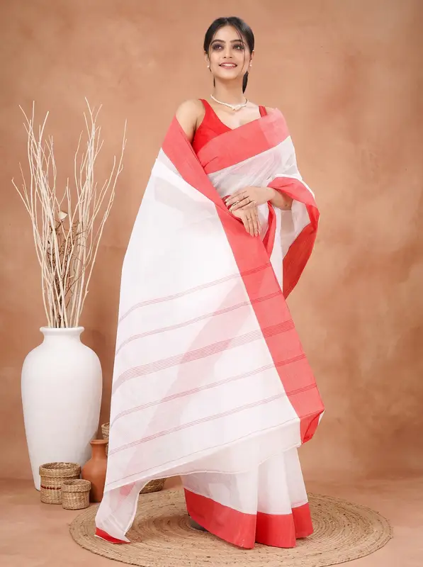 DipDiya Pure Cotton White Red Elu Than Bengal’s Legacy Tant Sarees