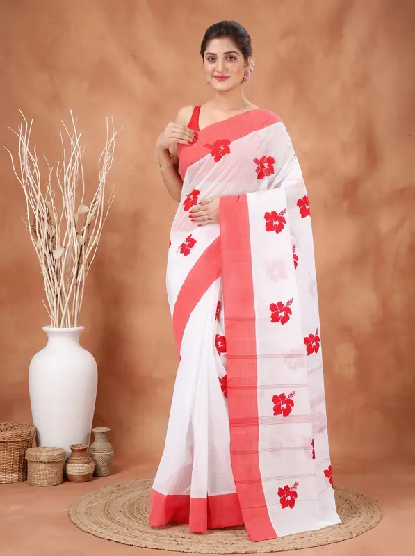 DipDiya Pure Cotton White Red Embi Elu Joba Effortless Tradition Embroidery Tant Sarees