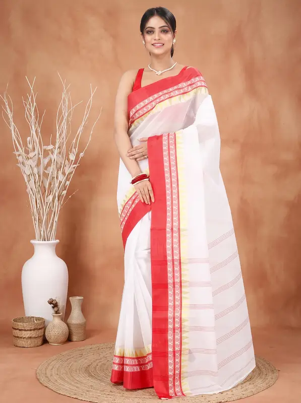 DipDiya Pure Cotton White Red Ethan Rooted in Bengal Tant Sarees