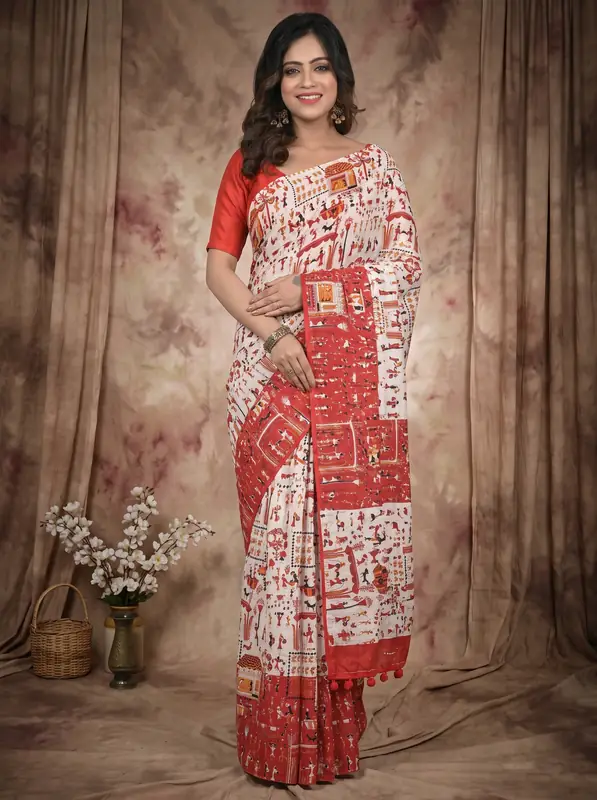 DipDiya Pure Cotton White Red Giana Wrapped in Heritage Kalamkari Printed Sarees