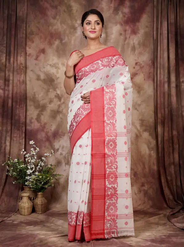 DipDiya Pure Cotton White Red Heruka Effortless Tradition Tant Sarees