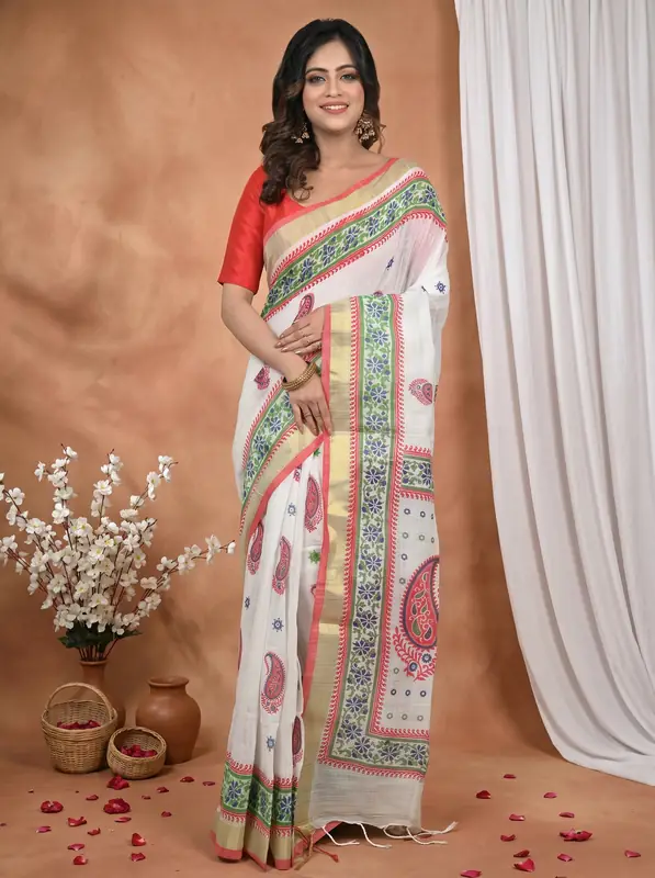 DipDiya Pure Cotton White Red Hilda Stories of Bengal Printed Handloom Sarees
