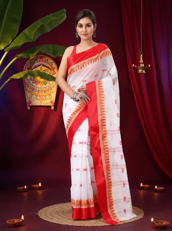 DipDiya Pure Cotton White Red Lagan Heritage Elegance Tant Sarees
