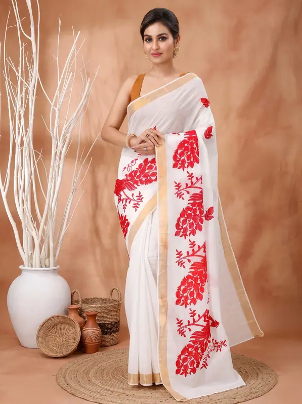 DipDiya Pure Cotton White Red Leo Tradition in Every Thread Embroidery Tant Sarees