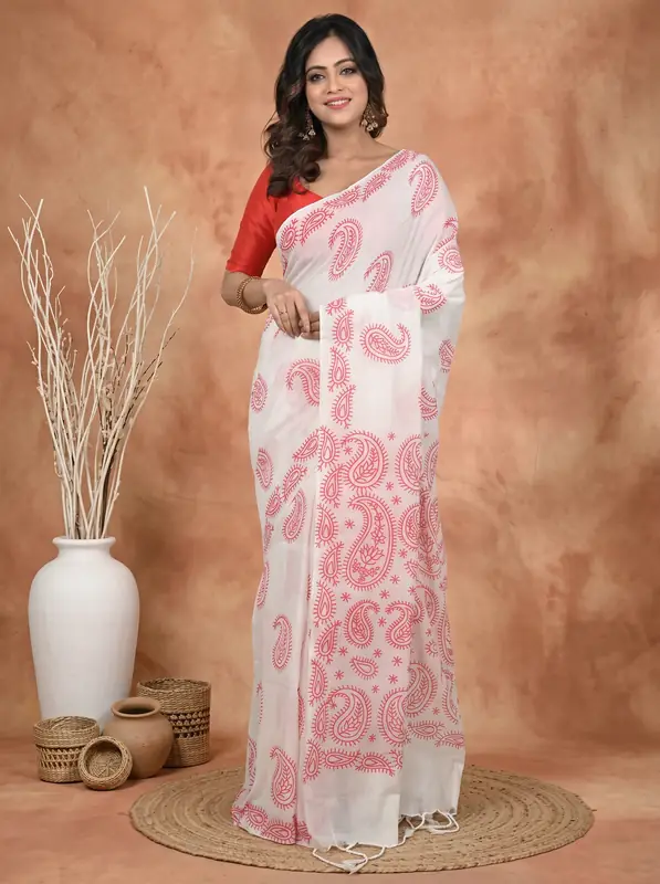 DipDiya Pure Cotton White Red Pinal Handloom Heritage Printed Handloom Sarees