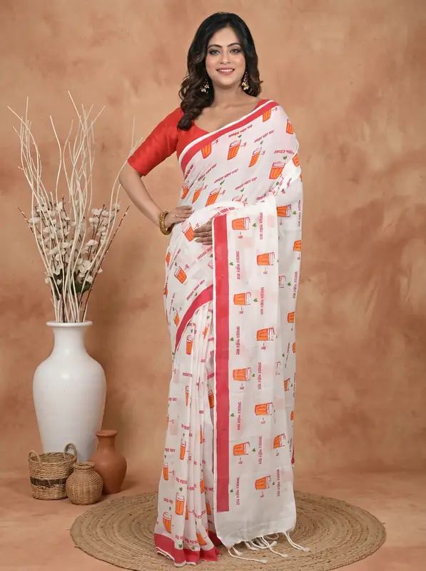 DipDiya Pure Cotton White Red Pinal Heritage of Bengal Printed Handloom Sarees