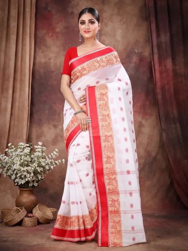 DipDiya Pure Cotton White Red Sadasob Classic Bengali Tant Sarees
