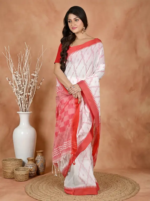 DipDiya Pure Cotton White Red Seuma Threads of Tradition Handloom Sarees