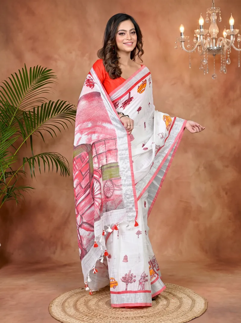 DipDiya Pure Cotton White Red Soher Handcrafted Elegance Printed Handloom Sarees