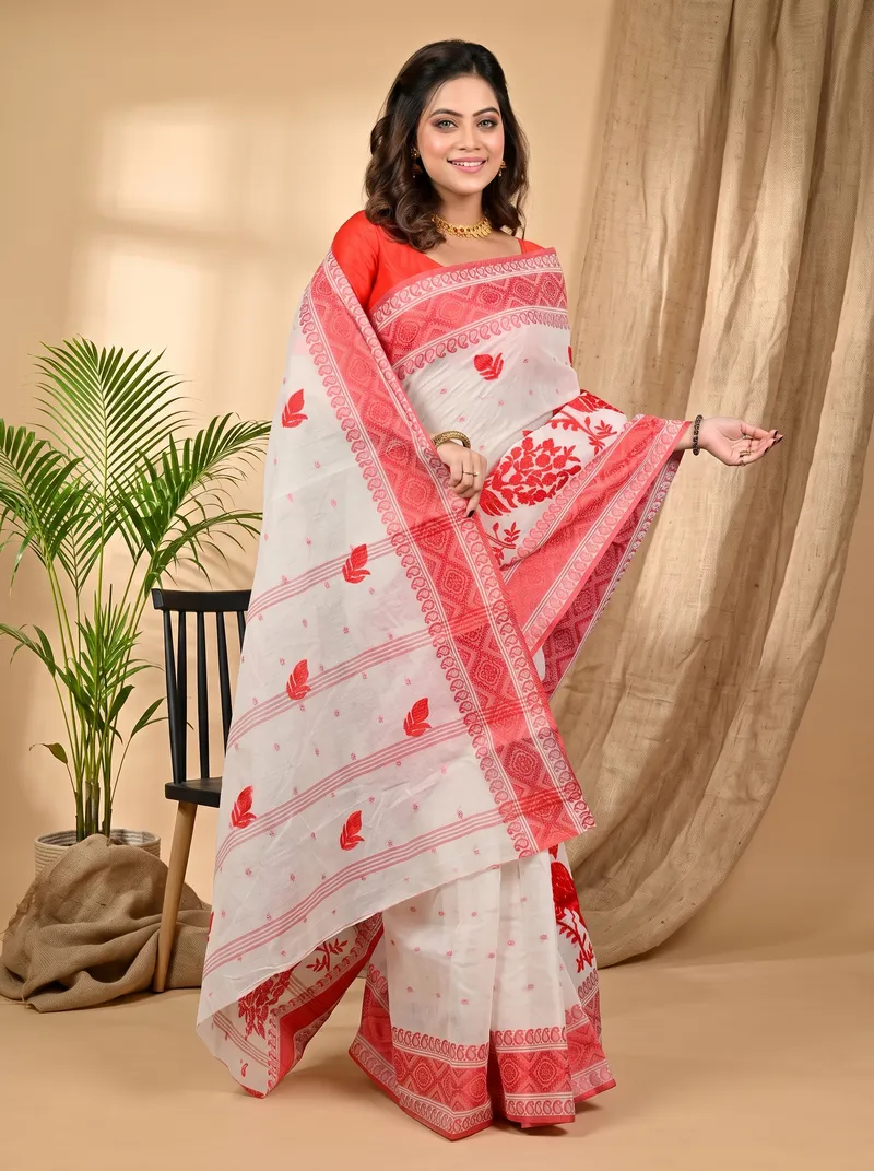 DipDiya Pure Cotton White Red Variti embtat Threads of Tradition Embroidery Tant Sarees