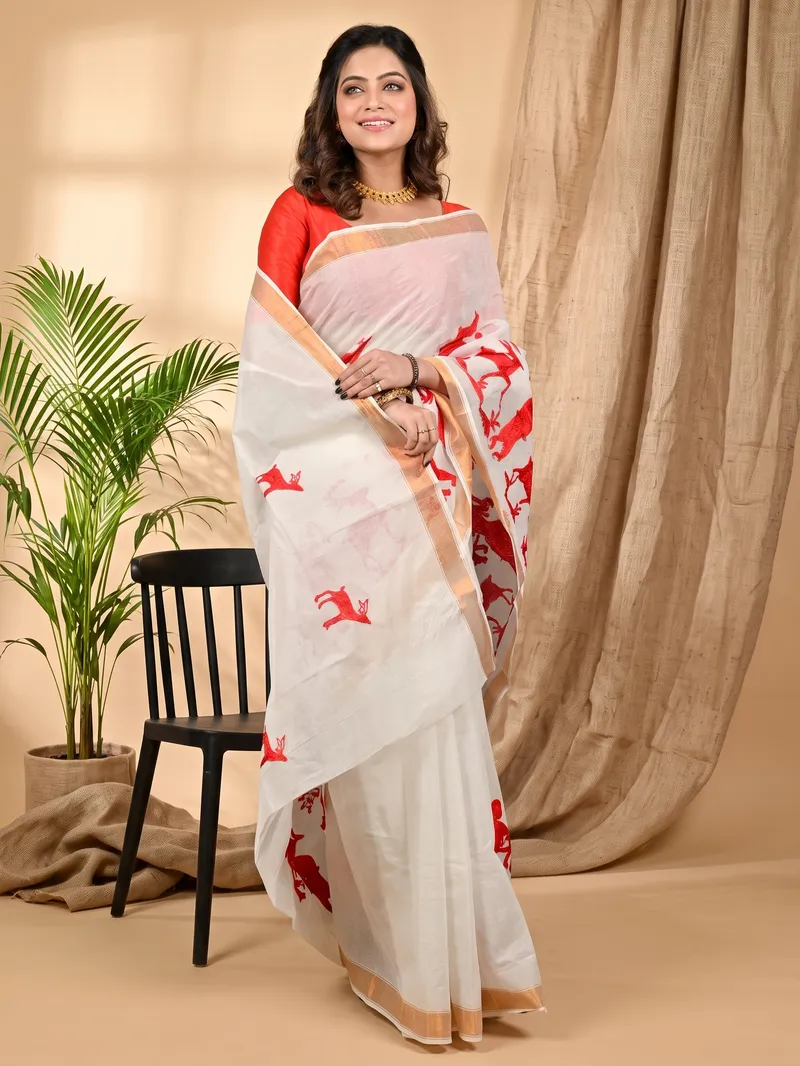 DipDiya Pure Cotton White Red Variti embtat Timeless Bengal Embroidery Tant Sarees