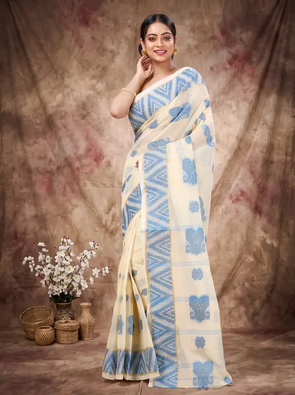 DipDiya Pure Cotton White Sky Blue Gargi Crafted by Artisans Tant Sarees