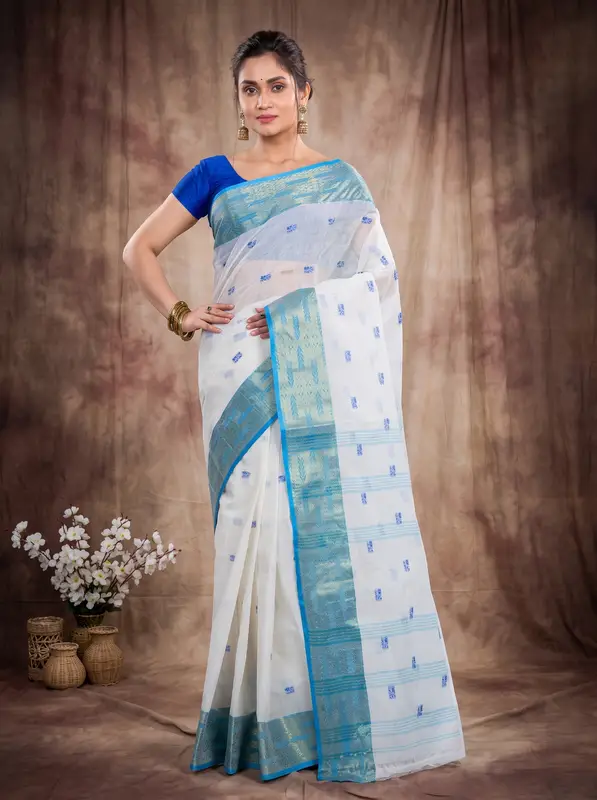 DipDiya Pure Cotton White Sky SqureButi Woven by Hand Tant Sarees