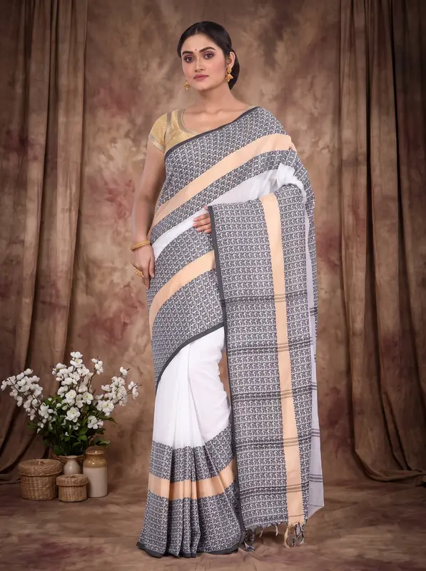 DipDiya Pure Cotton White Souraovi Hand Threads of Tradition Handloom Sarees