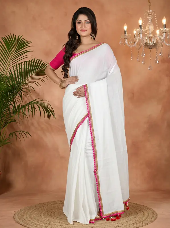 DipDiya Pure Cotton White Thanli Artisan Crafted Handloom Sarees