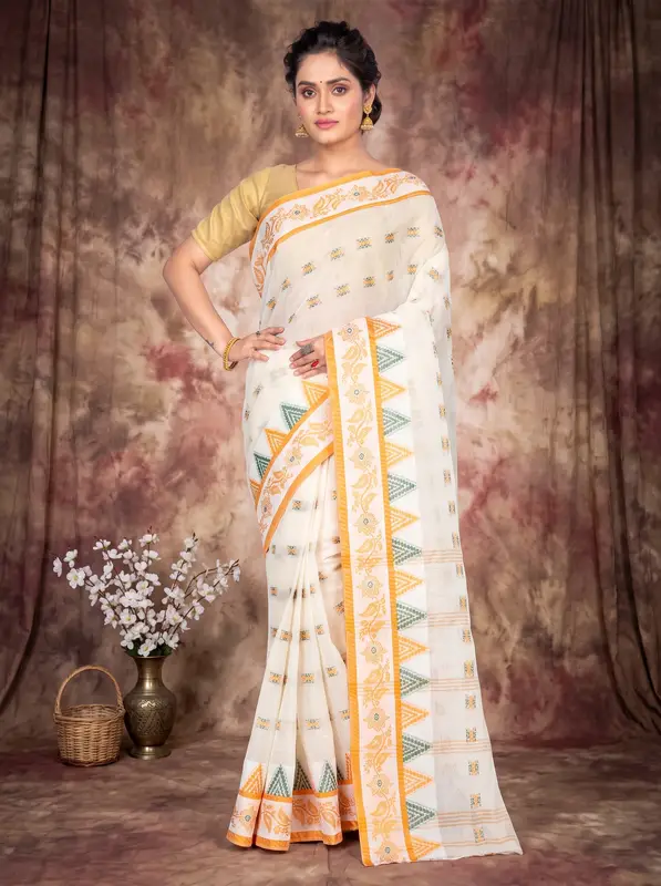DipDiya Pure Cotton Yellow Alkari Timeless Bengal Tant Sarees