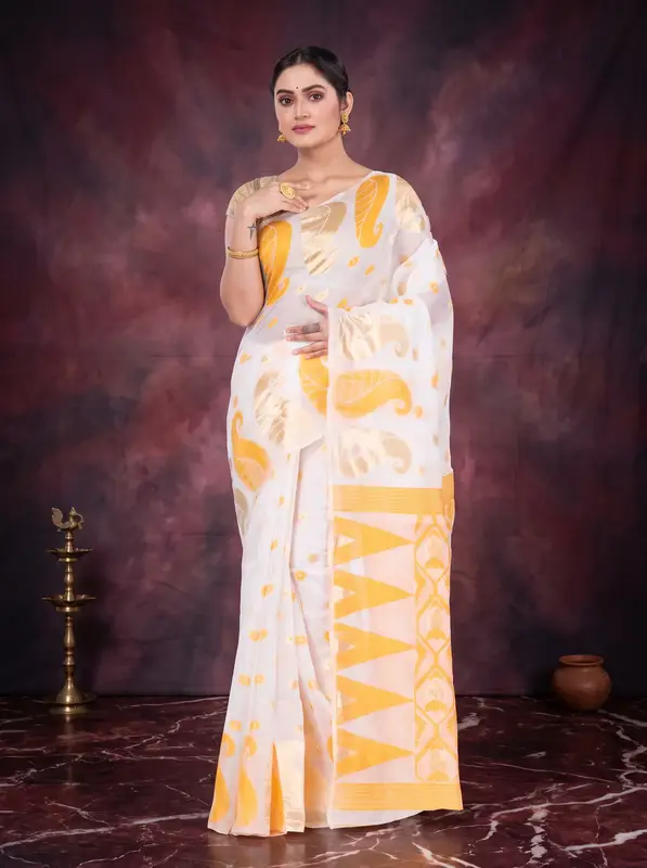 DipDiya Pure Cotton Yellow Amachal Jmdni Elegant by Tradition Jamdani Sarees