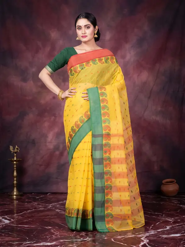 DipDiya Pure Cotton Yellow Amkolka Par Elegance in Every Weave Tant Sarees