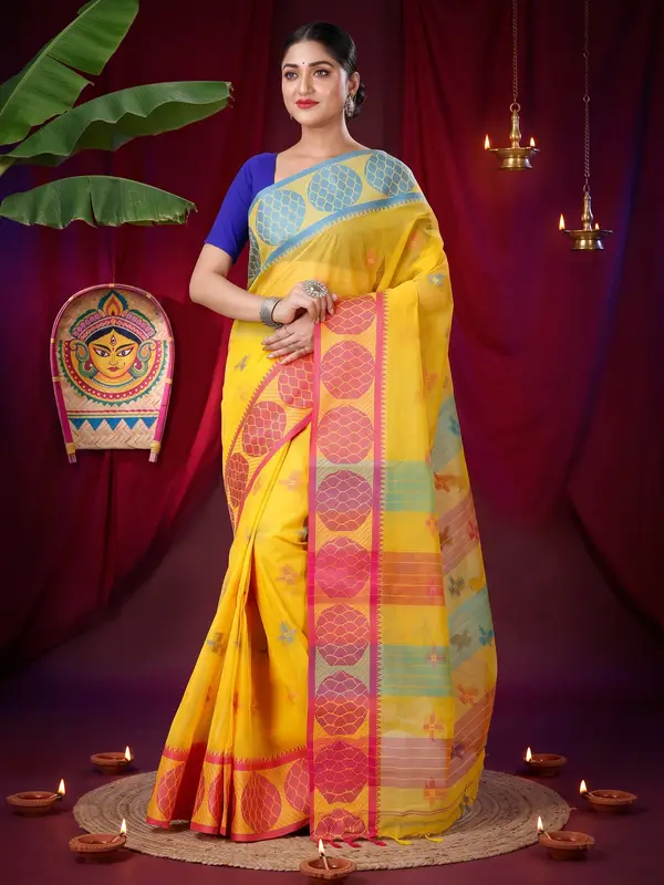 DipDiya Pure Cotton Yellow Ananda Rooted in Bengal Tant Sarees