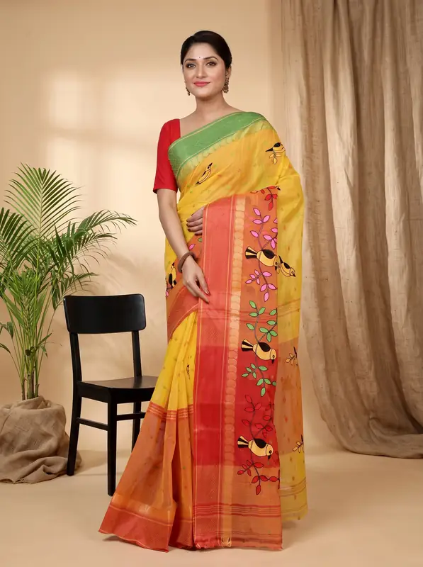 DipDiya Pure Cotton Yellow and Red Embi Ganga Chari Traditional Bengali Embroidery Tant Sarees