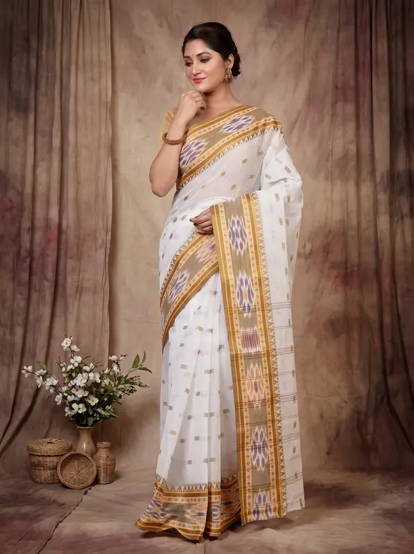 DipDiya Pure Cotton Yellow and White Hema Grace of Bengal Tant Sarees