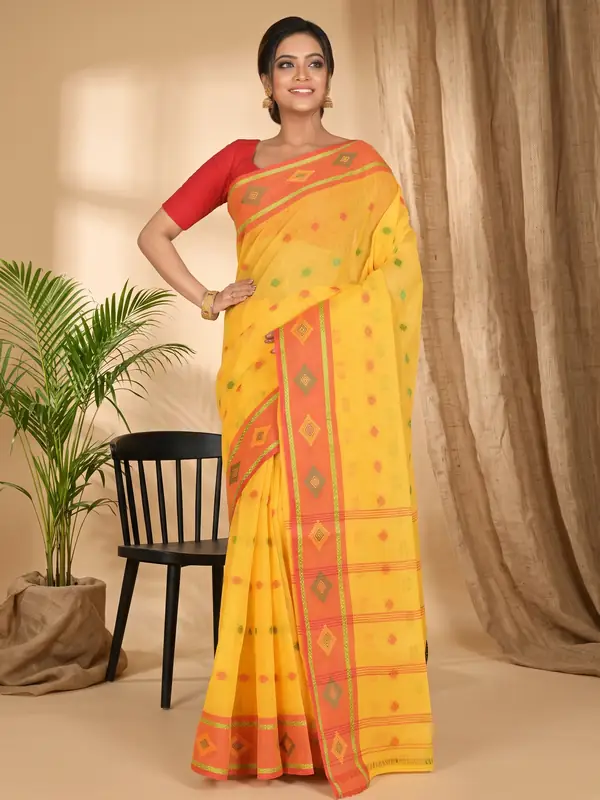 DipDiya Pure Cotton Yellow Apula Handloom Heritage Tant Sarees