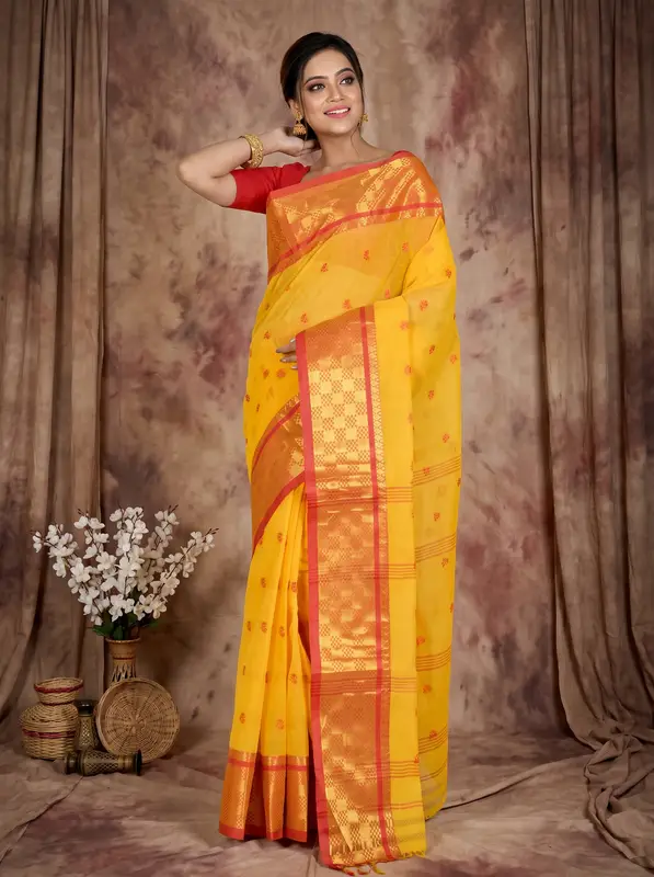 DipDiya Pure Cotton Yellow Atula Traditional Bengali Tant Sarees