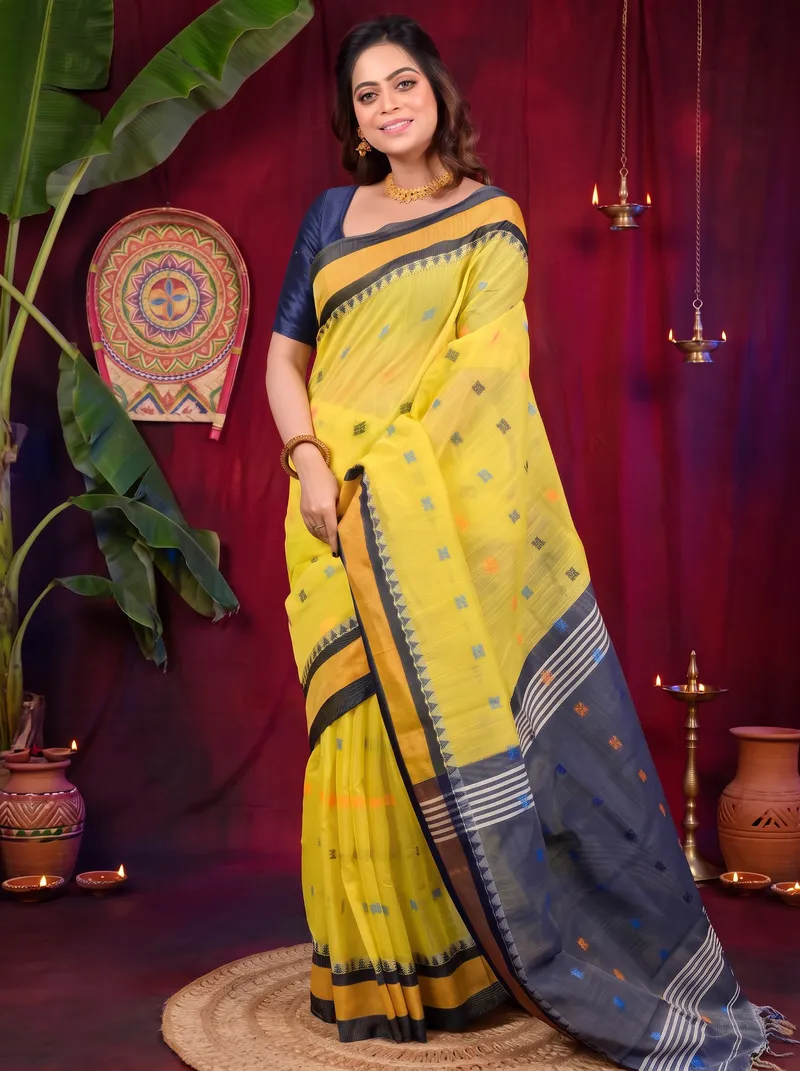 DipDiya Pure Cotton Yellow Blue Debasi Classic Bengali Handloom Sarees