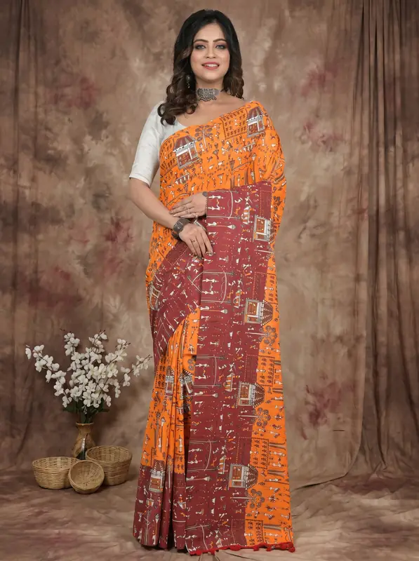 DipDiya Pure Cotton Yellow Brown Giana Weaves with a Story Kalamkari Printed Sarees