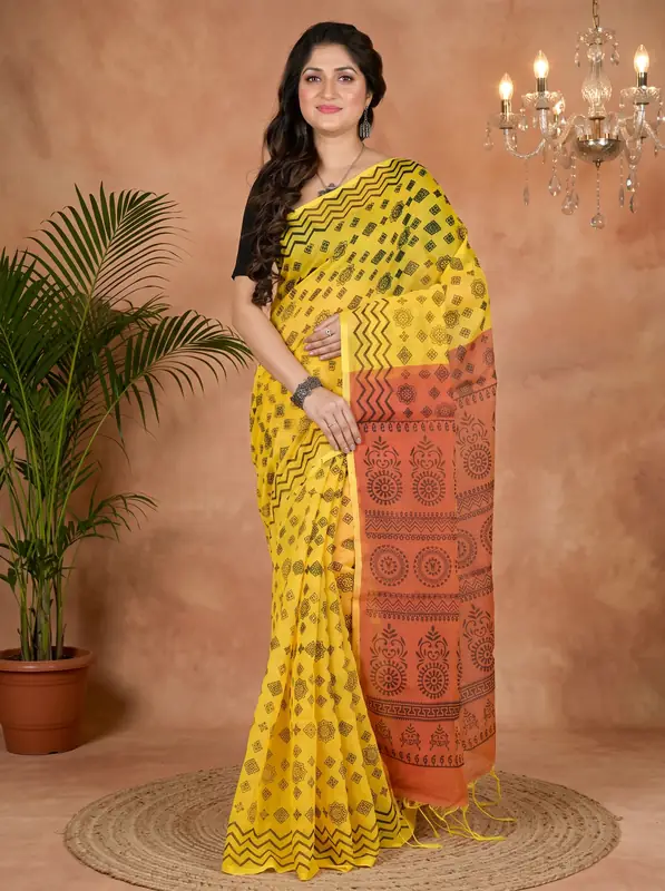DipDiya Pure Cotton Yellow Brown Senak Rooted in Bengal Printed Handloom Sarees