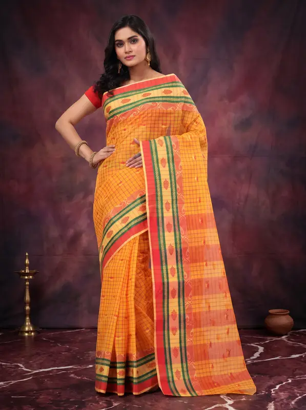 DipDiya Pure Cotton Yellow ChakButi Masterfully Woven Tant Sarees