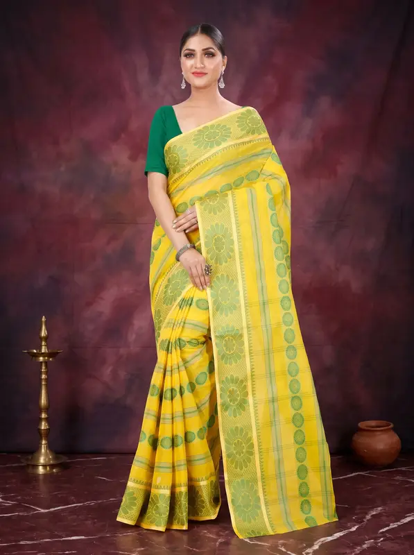 DipDiya Pure Cotton Yellow Chakro Tant Artisan Woven Tant Sarees