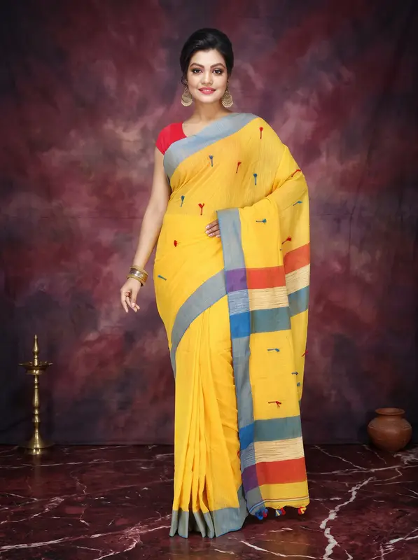 DipDiya Pure Cotton Yellow Clacial Desigined Timeless Bengal Handloom Sarees